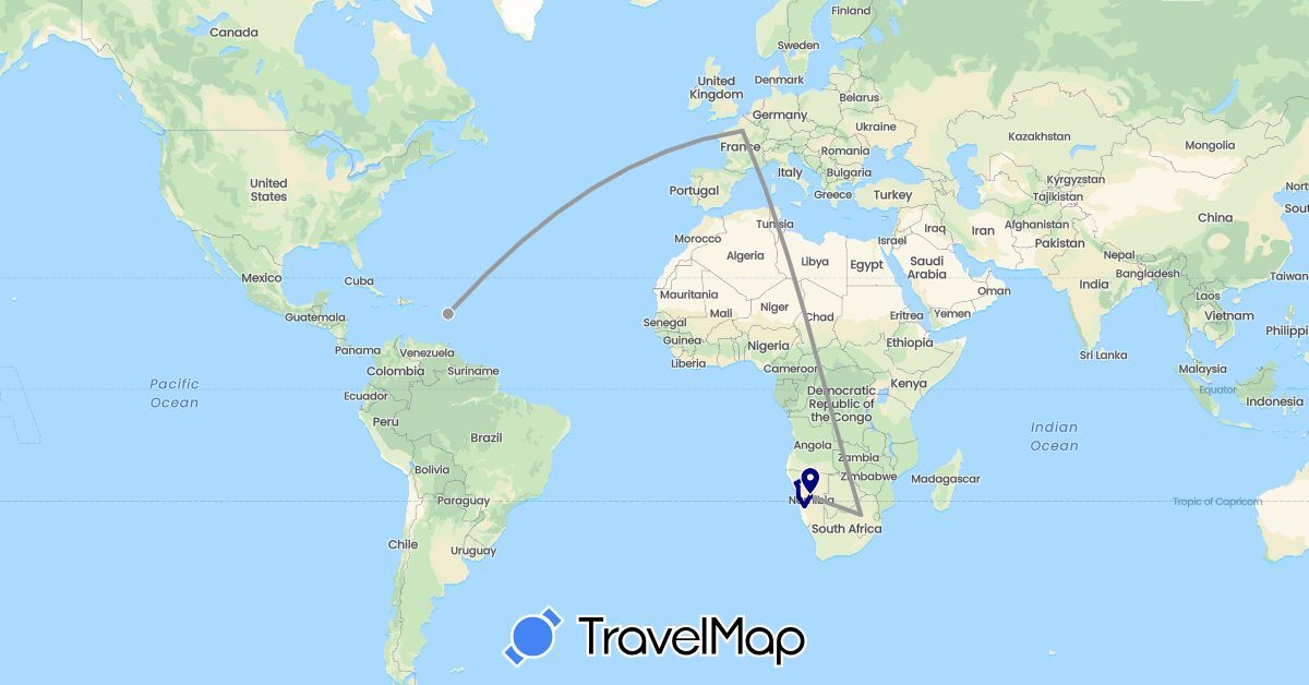 TravelMap itinerary: driving, plane in France, Namibia, South Africa (Africa, Europe)